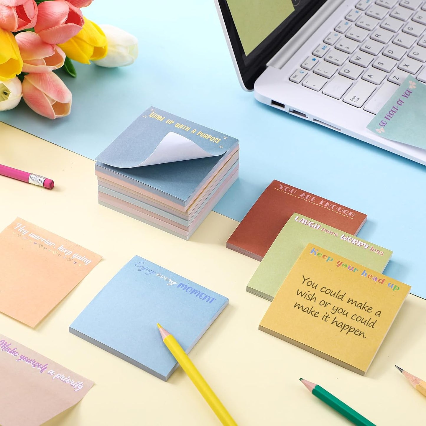 Zonon 12 Pieces Inspirational Sticky Notes 3 x 3 Inch Motivational Fun Notepads Positive Gifts for Teacher Nurse Coworkers Work Studying Supplies(Morandi Style)