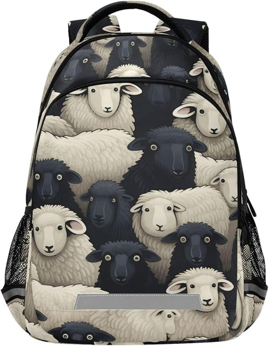 Backpack for Students Boys Girls Black White Lamb Sheep School Bag Travel Daypack Rucksack