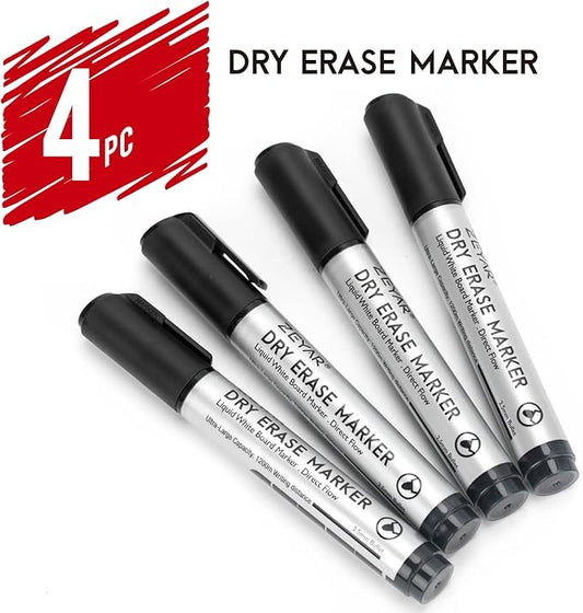 ZEYAR Dry Erase Marker Low-Odor Bullet Tip, Ultra-Large Capacity, Advanced Direct Flow Structure, Whiteboard Marker for School, Office, Home, 4 Count (4 Black)