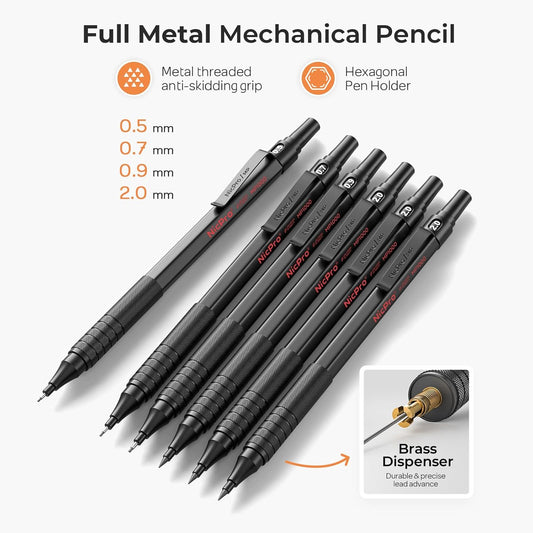 Nicpro 35PCS Black Metal Mechanical Pencils Set in Case, Art Drafting Pencil 0.5, 0.7, 0.9 mm & 3PCS 2mm Graphite Lead Holder for Drawing Sketching With 20 Tube Lead Refills(6B 4B 2B HB 2H 4H Colors)