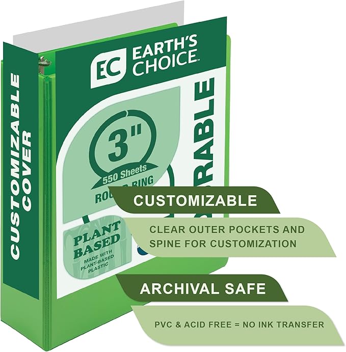 Samsill Plant-Based 3 Inch Durable Round Ring, Made in USA, View Binder, Eco-Friendly, USDA Certified Biobased, Single, Bright Green