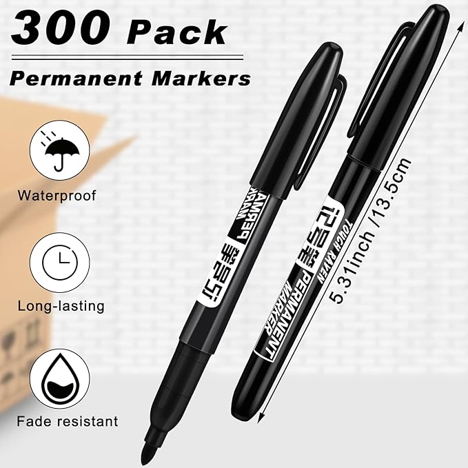 Thenshop 300 Pack Permanent Markers Bulk First Day of School Back to School Supplies Fine Point Waterproof Marker Works on Plastic, Wood, Stone, Metal, Glass for Office Classroom(Black)
