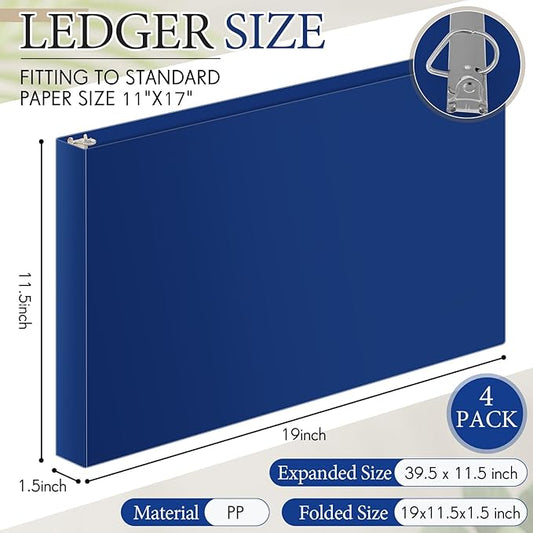 4 Pcs 11 x 17 Inch 3 Ring Binders 1 Inch Rings Heavy Duty View Plastic Flexible D Ring Binders Economy Holds 11" x 17" Paper for Artwork Blueprints, Office, Home, Work Places(Blue)