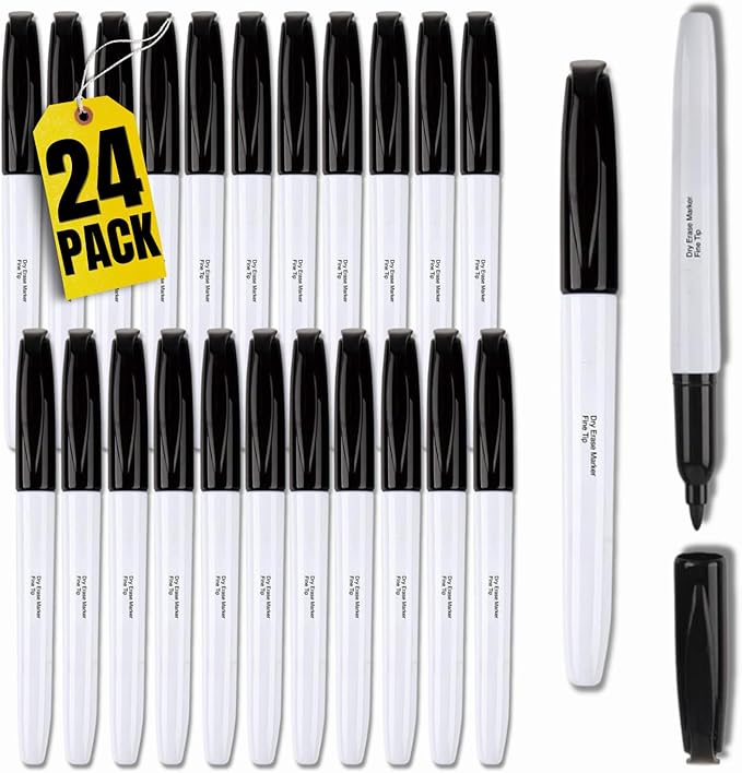 1InTheOffice Markers, Black Bullet Tip, 24 Pack Dry Erase Markers for Whiteboard