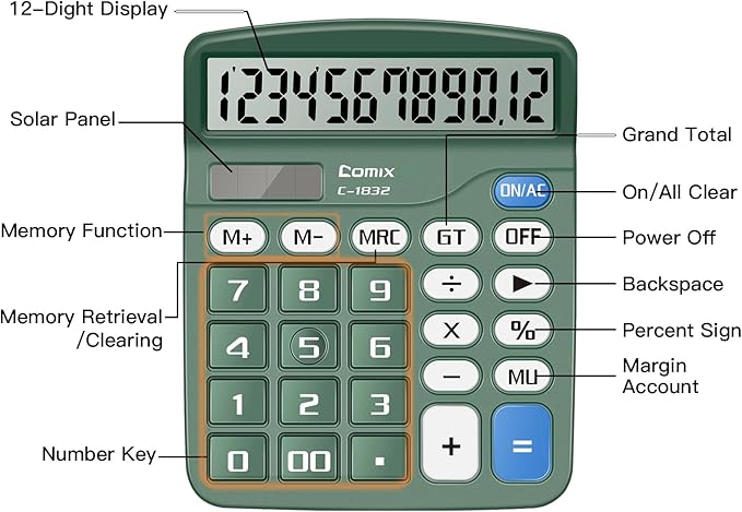Comix Desktop Calculator 12 Digit with Large LCD Display and Big Button, 2-Pack, 12 Digits Baisc Calculator, Solar Battery Dual Powered, for Office Home School Green