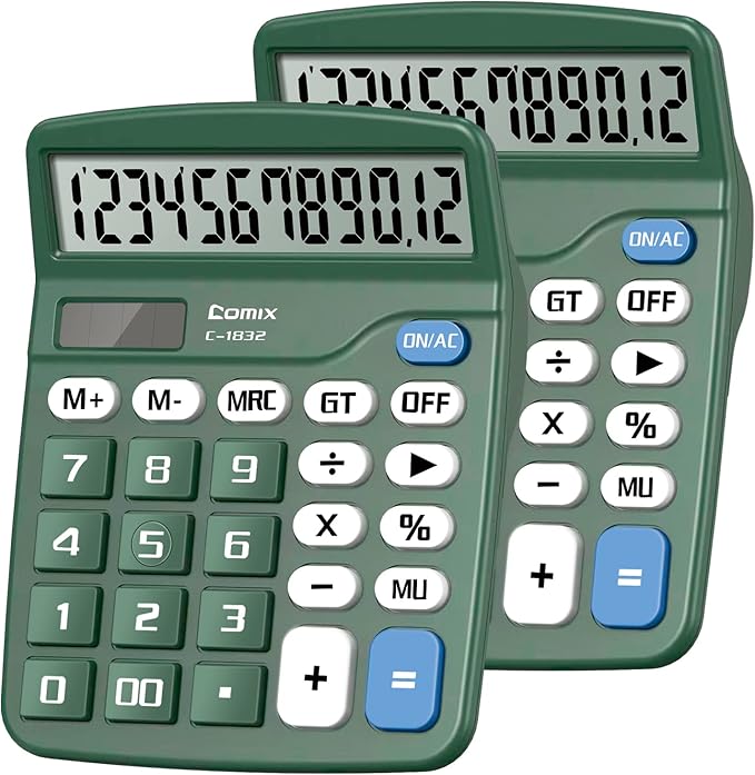 Comix Desktop Calculator 12 Digit with Large LCD Display and Big Button, 2-Pack, 12 Digits Baisc Calculator, Solar Battery Dual Powered, for Office Home School Green