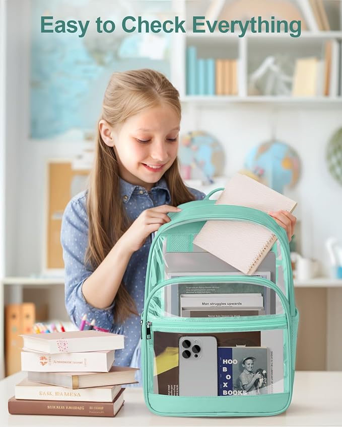 Clear Backpack, Heavy Duty Transparent Bookbag for School, Fabric & PVC Transparent Backpack with Reinforced Strap for Women Men, Capacity Clear Bag for College, Turquoise