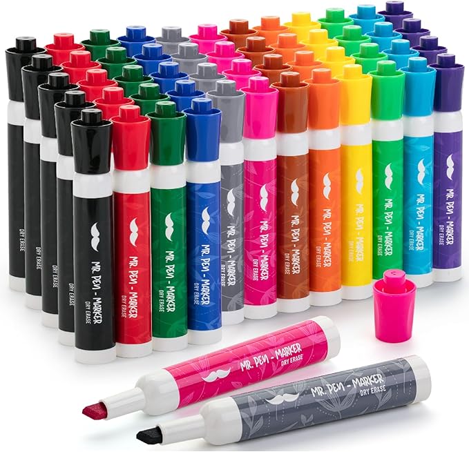Mr. Pen- Dry Erase Markers Chisel Tip, Low Odor Chisel Tip Markers, 52 Pack, Assorted Colors, White Board Markers Dry Erase Pens