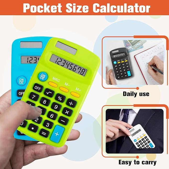 9 Pack Pocket Size Mini Calculator, Solar Battery Dual Power, 8 Digit Display Basic Calculator, Multicolor