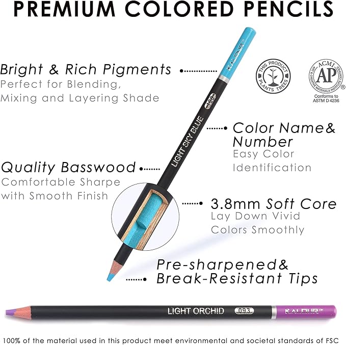 KALOUR 180 Colored Pencil for Artists - Rich Pigment Soft Core - Oil-Based - Ideal for Coloring Drawing Sketching Shading Blending - Vibrant Color（Tin Case）