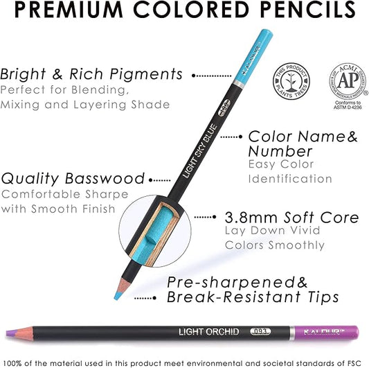KALOUR 180 Colored Pencil for Artists - Rich Pigment Soft Core - Oil-Based - Ideal for Coloring Drawing Sketching Shading Blending - Vibrant Color（Tin Case）