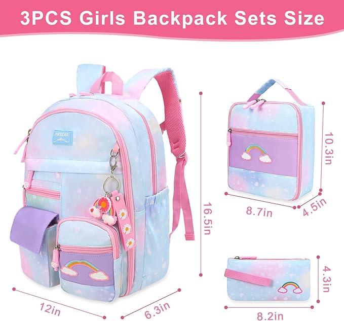 Girls Backpack Set 3 IN 1,Cute Rainbow Kids Backpack with Insulated Lunch Box Pen Case Set Student School bag(Blue-3 pieces set)