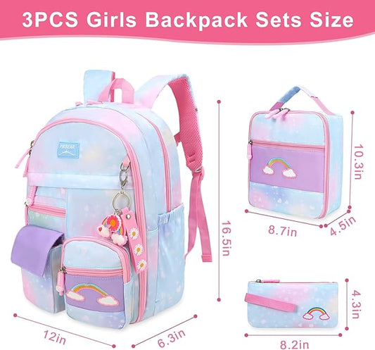 Girls Backpack Set 3 IN 1,Cute Rainbow Kids Backpack with Insulated Lunch Box Pen Case Set Student School bag(Blue-3 pieces set)