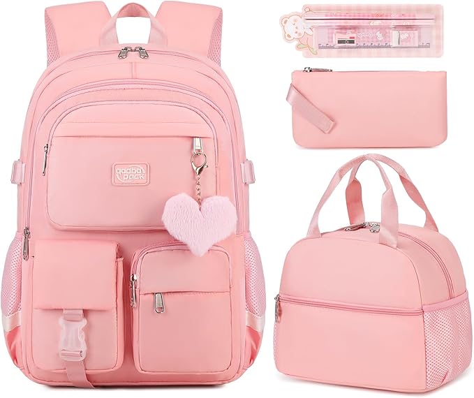 3PCS School Backpack For Student Women College Middle High Teen Girls Bookbag Waterproof Laptop Bag Pink