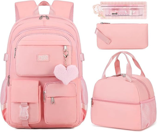 3PCS School Backpack For Student Women College Middle High Teen Girls Bookbag Waterproof Laptop Bag Pink