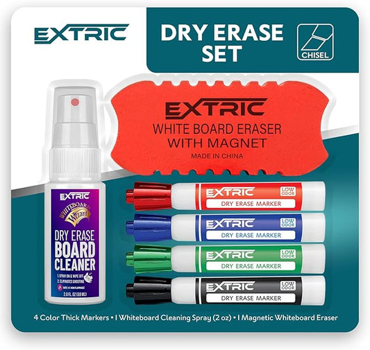 Dry Erase Markers Chisel Tip Set, 4 Whiteboard Markers, Whiteboard Cleaner and Eraser, Low Odor Dry Erase Marker with Eraser Bundle for Home, Teachers Supplies, and School Supplies