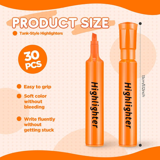 Qilery 30 Pack Highlighters Bulk, Tank Style Chisel Tip Highlighters Markers Quick Drying for Kids and Adult Coloring, Classroom Home Office School Supplies (Orange)