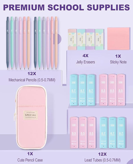 Mechanical Pencil Set with Cute Pencil Case, 12PCS Pastel Mechanical Pencils 0.5 & 0.7mm with 720PCS HB Leads, 4PCS Erasers and 1x Sticky Note, Suitable for School Writing, Drafting Drawing Sketching