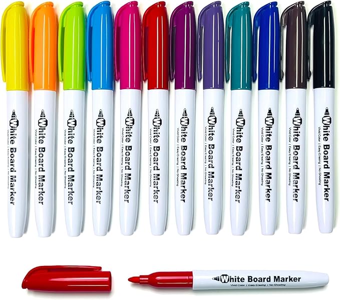 SFAIH Dry Erase Markers Fine Tip 12 Colors, 12 Pack (1 Dozen) - Low Odor Whiteboard Markers Set for Kids Art, Home Office, Calendar Planning | 5 Sizes: 12/24/48/72/144 Packs Available