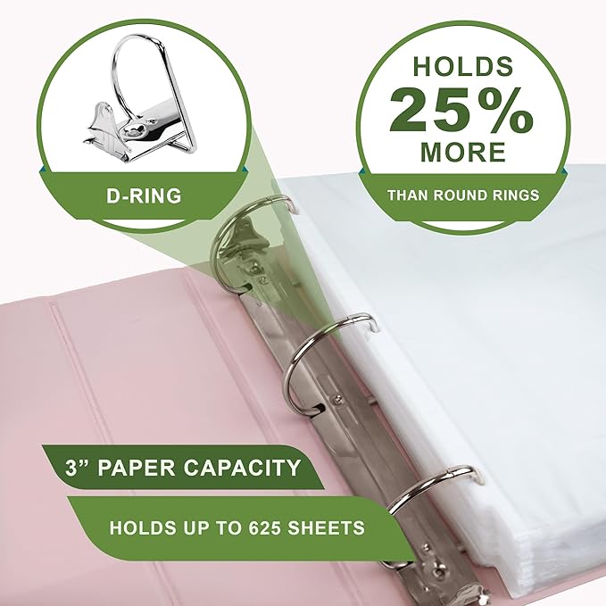 Samsill Plant-Based 3 Inch Durable D-Ring, Made in USA, View Binder, Eco-Friendly, USDA Certified Biobased, Single, Light Pink