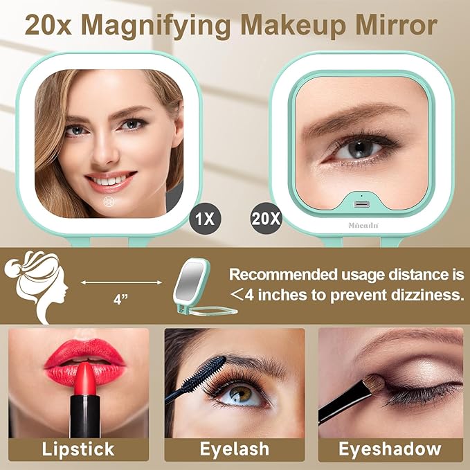 Mocado Compact Travel Makeup Mirror, 1X/20X Magnifying Mirror with Light, Double Sides Compact Mirror with 3 Color Light, Dimmable Handheld Mirror, Rechargeable Travel for Purse,Pocket(Green)