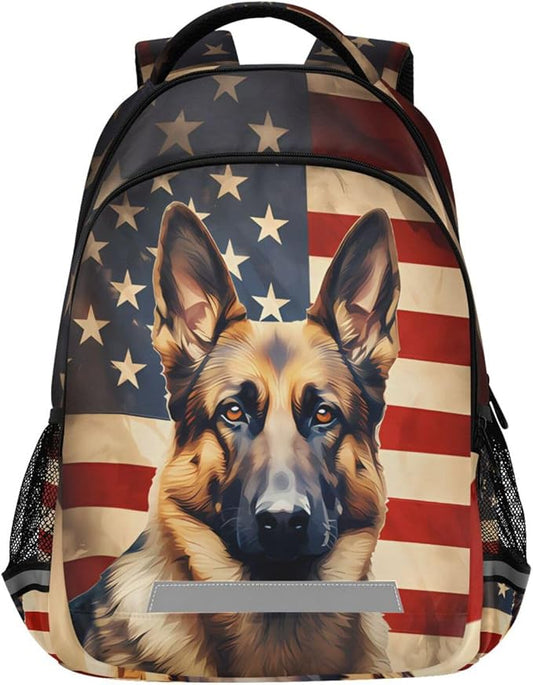 Dog German Shepherd Backpack for Boys Girls American Flag Elementary School Bag Kids Bookbag Travel Rucksack