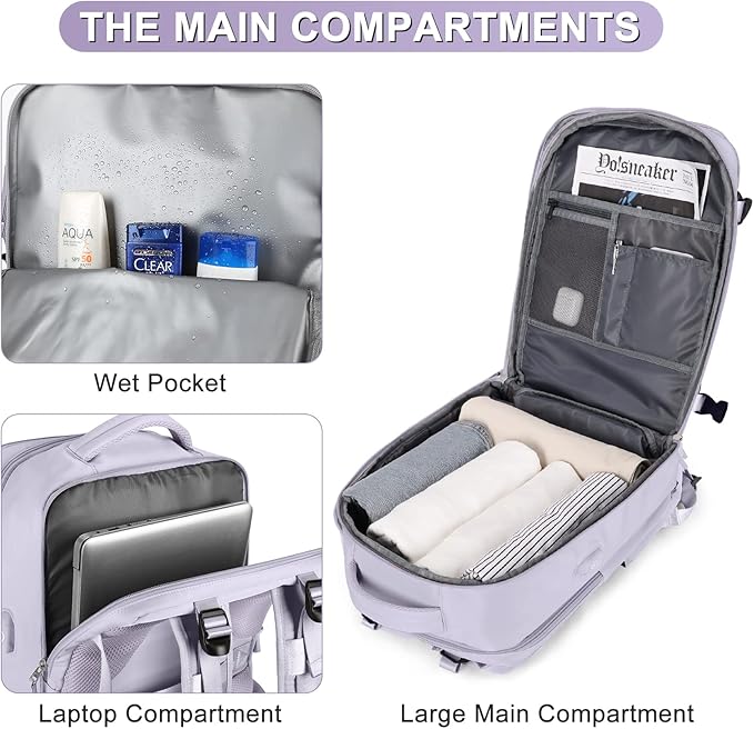 Carry On Backpack Personal Item Travel Backpack For Women Airline/Flight Approved Waterproof Sports Luggage Casual Daypack Small Hiking Backpack Purple