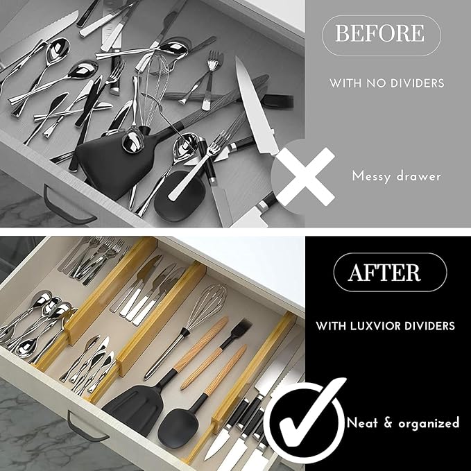 Expandable Bamboo Drawer Dividers 8 pack with labels(17"-22") Drawer Organizer for Kitchen, Clothes,Utensils,Silverware,Dresser,Office,Desk