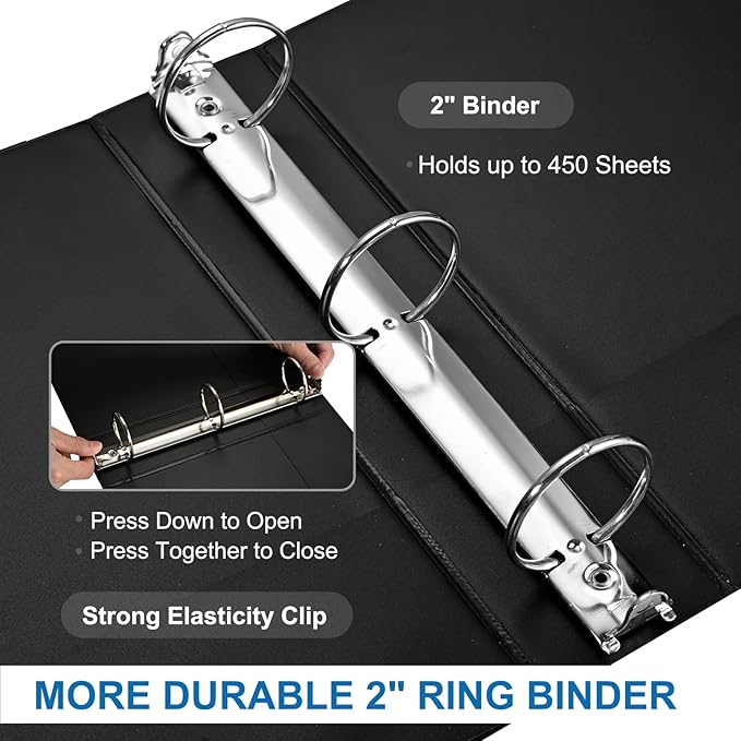 2 Inch 3-Ring Binder, 2" Round Ring Binder with 2 Inside Pockets, 6 Pack Black Binders, Clear View Cover, Holds Up to 450 Sheets 8.5" x 11" Paper，Study Binders for Office/Home/Back to School