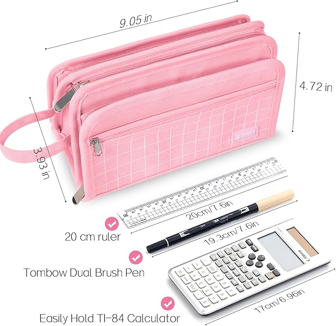 Sooez Large Pencil Case, Big Capacity Pencil Pouch Pen Bag with 3 Compartment, Portable Canvas Stationery Organizer with Zipper, Cute Aesthetic School Supplies for Teen Girls College, Pure Pink