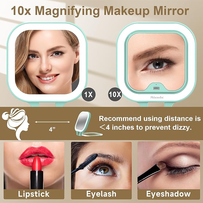 Mocado Compact Travel Makeup Mirror, 1X/10X Magnifying Mirror with Light, Double Sides Compact Mirror with 3 Color Light, Dimmable Handheld Mirror, Rechargeable Travel for Purse,Pocket(Green)