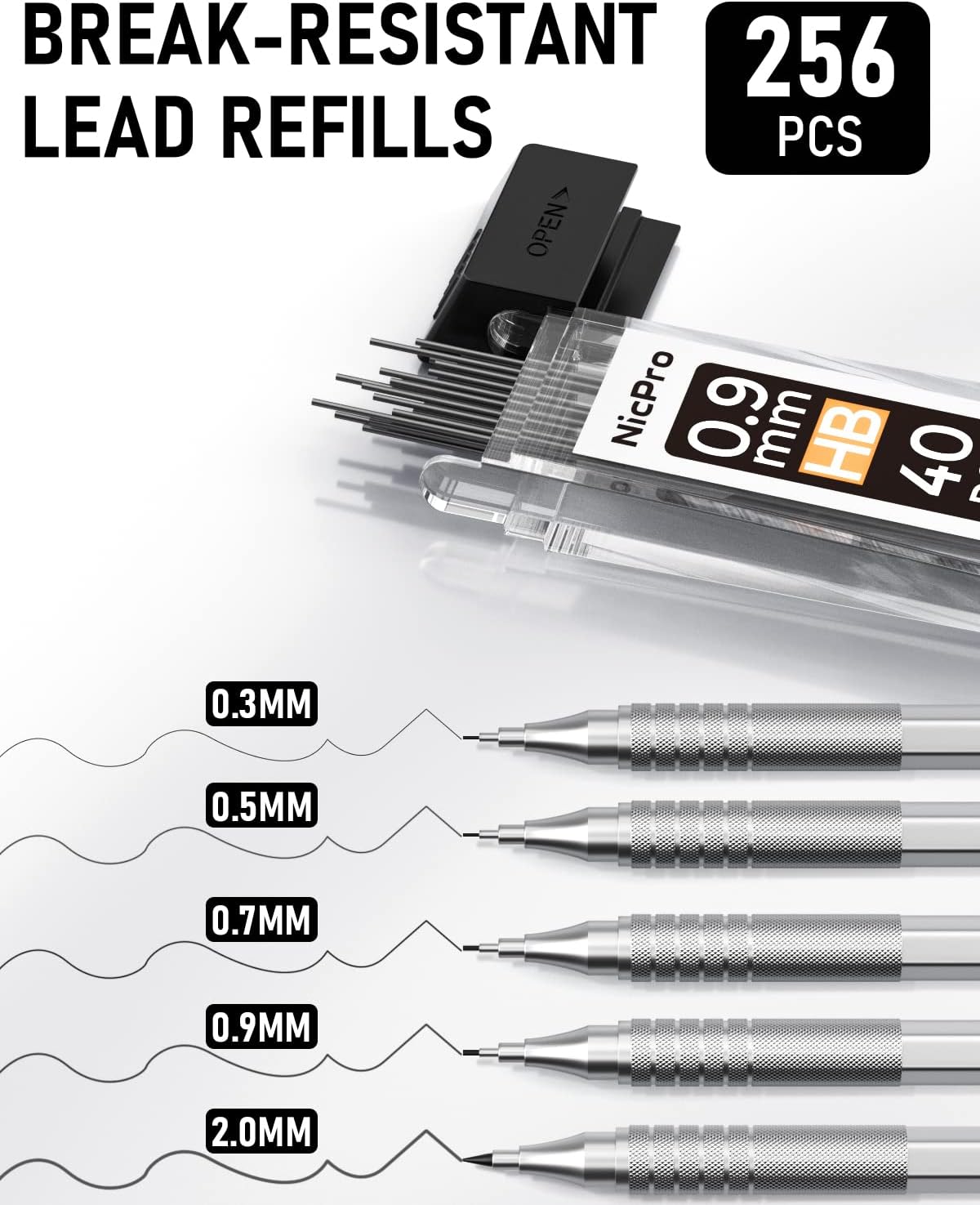 Nicpro Metal Mechanical Pencil Set, 5 PCS Art Drafting Pencils 0.3, 0.5, 0.7, 0.9 mm & 2mm Graphite Lead Holder For Sketching Drawing With 9 Tubes (4B 2B HB 2H Colors) Lead Refills Erasers Case