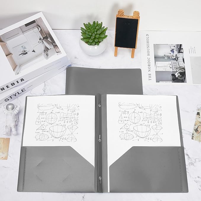 Lincia 100 Pcs Plastic Folders with Pockets and Prong Folders with Prongs Plastic Folders with 2 Pockets Pocket Folders for Office, School for Students, Teachers, Office Workers (Gray)