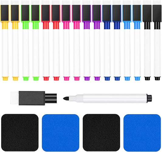 16 Pcs Colorful Magnetic Dry Erase Markers with Eraser, White Board Mini Dry Erase Markers with Eraser Cap, Fine Point Tip Student White Board Markers for Teachers Office School Supplies