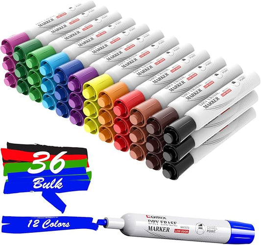 Comix Dry Erase Markers, Chisel Tip White Board Markers, 36 Count 12 Assorted Colors Low Odor Markers for Kids Teachers Office & School Supplies