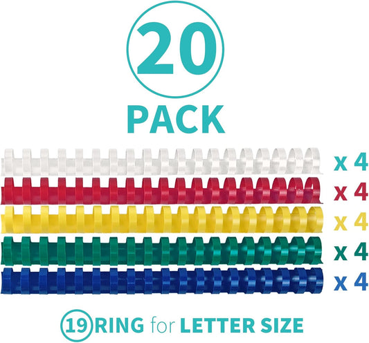 Binditek 20 Pack Plastic Binding Comb Spines, 1 Inch Diameter, 225 Sheet Capacity, 19 Ring, for Letter Size, Multi Color (White, Yellow, Red, Green, Blue), for Students and Coworkers