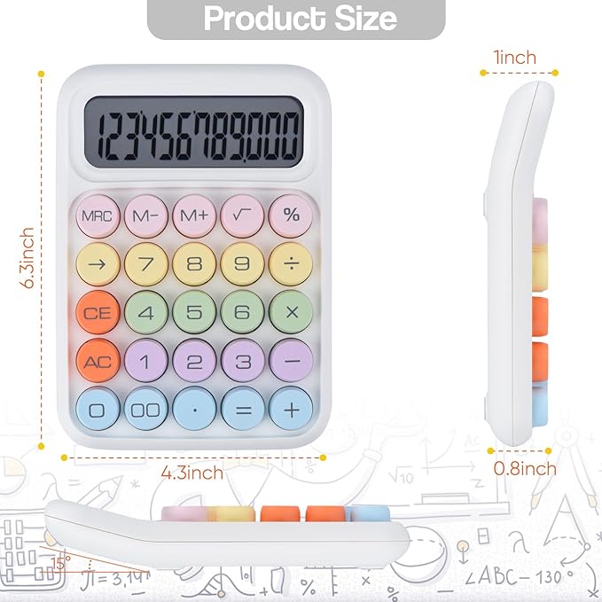 Mechanical Pushbutton Calculator,12 Digit Large LCD Display,Big Buttons Easy to Press,Colorful Candy Calculator,Automatic Sleep,with Battery.for Office,School, Home. (White)