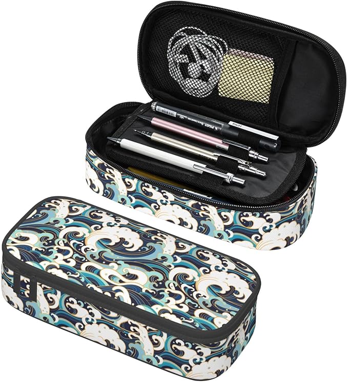 Japanese Ocean Waves Large Pencil Case With Zipper Compartments Stationery Pencil Bag For Kids Teens Students School Supplies