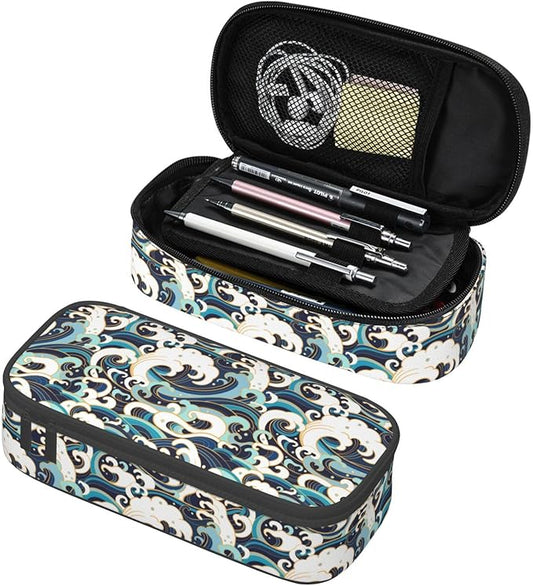Japanese Ocean Waves Large Pencil Case With Zipper Compartments Stationery Pencil Bag For Kids Teens Students School Supplies