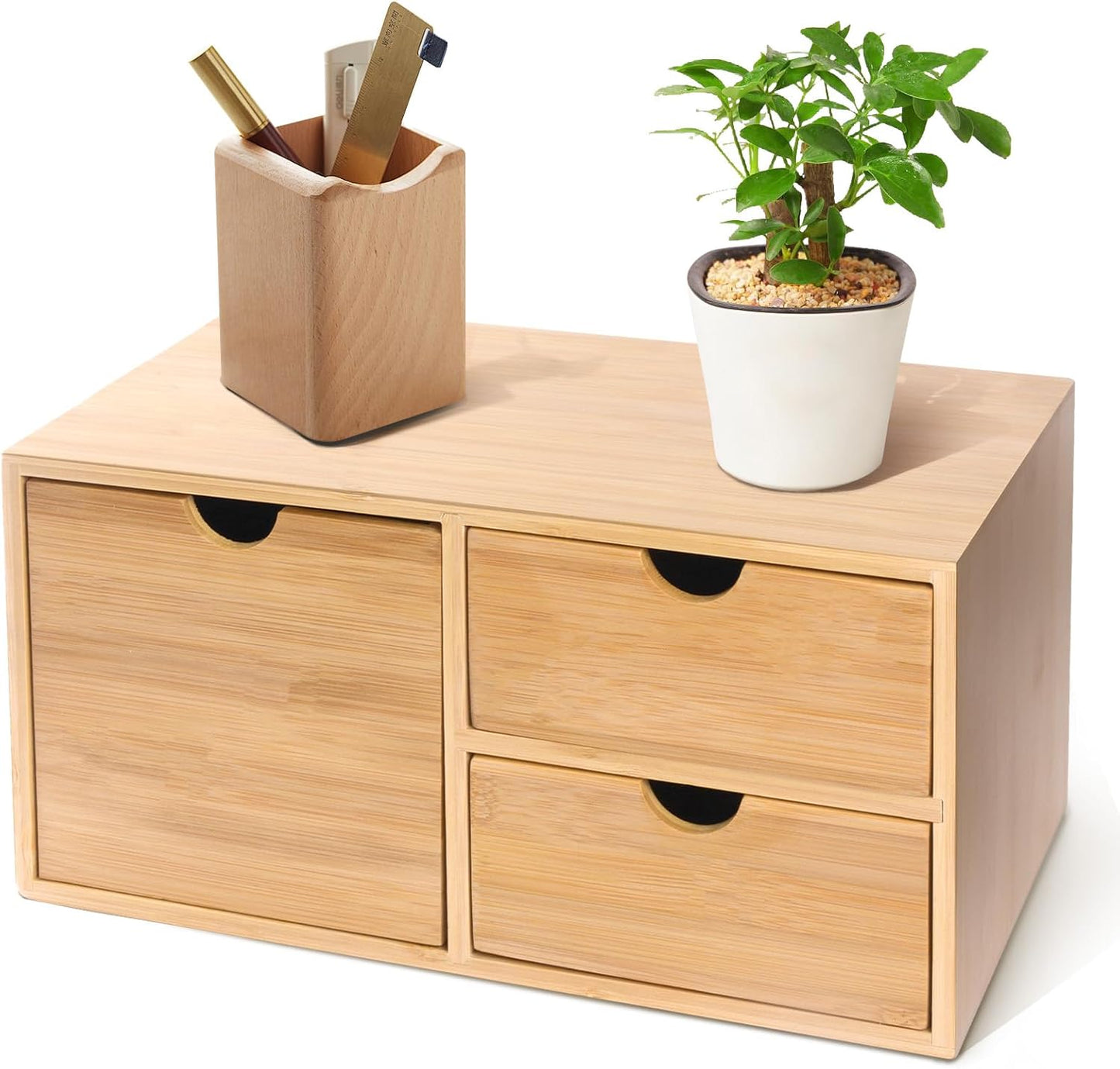 Bamboo Desk Organizer 3 Drawer with Shelf, Countertop Organizer with Drawers Makeup Storage Drawer 3 Drawers Tabletop Storage Organization Box Home Office Workspace