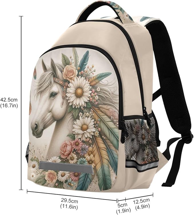 Horse Backpack for Students Boys Girls Horse Flowers Feathers School Bag Travel Daypack Rucksack