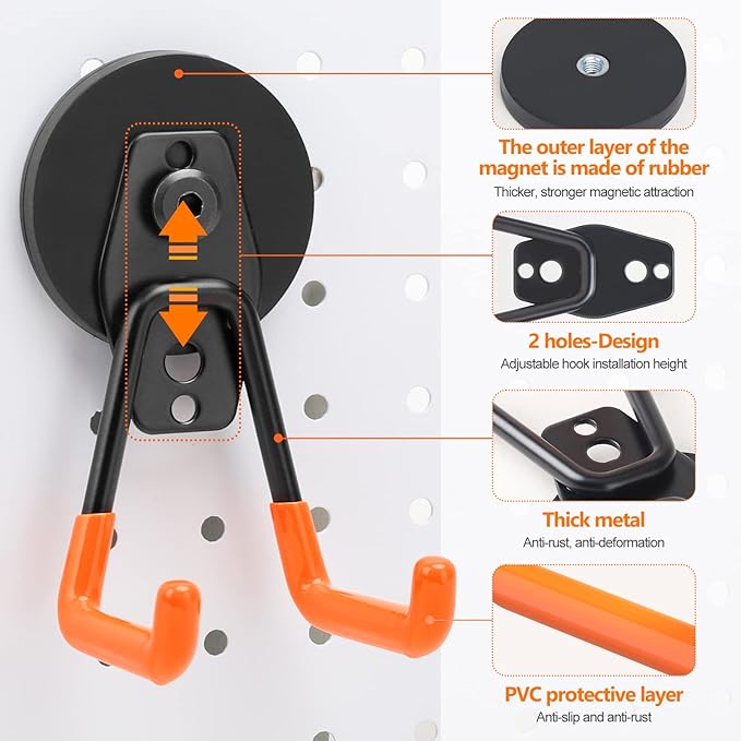 Homde Heavy Duty Magnetic Hook, 2 Velcro Strap and 2 Magnet Holder Combine, 2.6 inch Strong Utility Garage Hanger for Workshop,Toolbox, Storage (2 Black + 2 Orange)