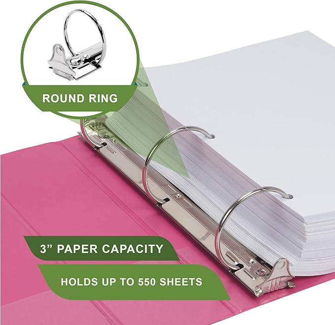 Samsill Earth’s Choice™, Durable Fashion Color 3 Ring View Binder, 3 Inch Round Ring, Up to 25% Plant Based Plastic, Eco-Friendly, USDA Certified Biobased, Pink Berry, Value 2 Pack (U86876)