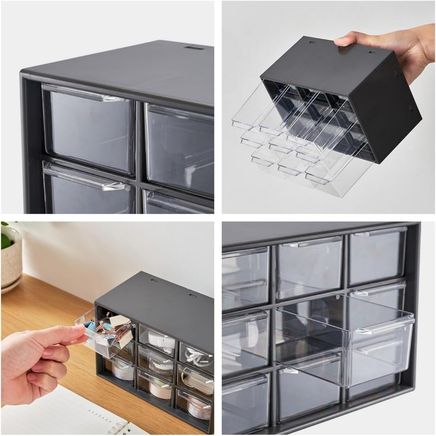 Feadily 4PCS Small Drawer Organizer for Desk, Desktop Drawer Organizer with 9 Clear Drawers, Plastic Desktop Storage Drawers 7.1 Inch x 3 .9 Inch x 4.7 Inch, Black