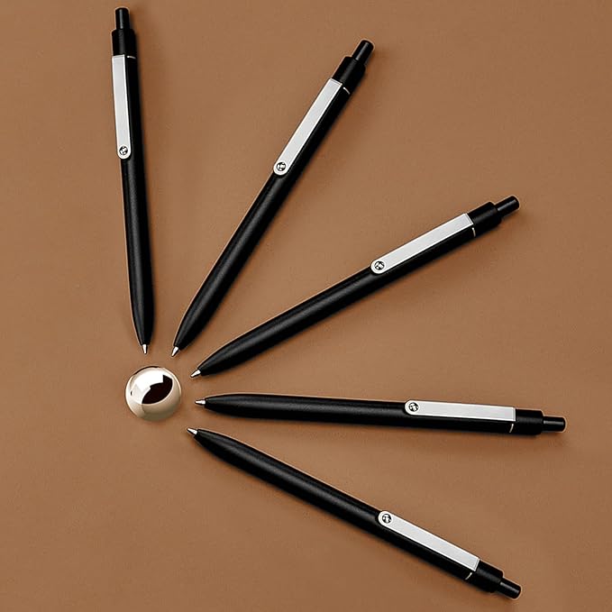 LINFANC 5 Pcs Black Gel Pens Ballpoint, Metal Barrel Medium Point 0.7 mm Quick Dry Black Ink Pens for Journaling, Smooth Writing Gel Pen, Cute School Supplies Office Supplies Gifts for Women