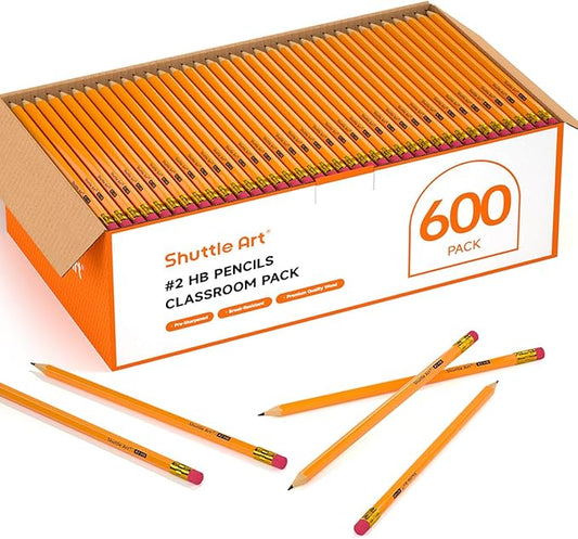 Shuttle Art Wood-Cased #2 HB Pencils, 600 Pack Sharpened Yellow Pencils with Erasers, Bulk Pack Graphite Pencils for School and Teacher Supplies, Writing, Drawing and Sketching