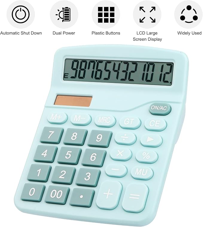 Desk Calculator, Envysun 12-Digit LCD Display Office Calculator – Dual Power, Compact and Lightweight, Easy-to-Read Display, Durable for Business, School, and Home (Light Blue)