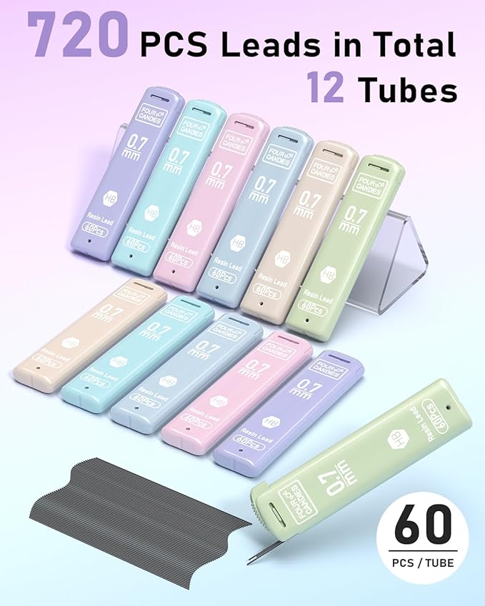 Four Candies 0.7mm Lead Refills in Case, Pack of 720 PCS Black HB #2 Break Resistant Mechanical Pencil Refills, 12 Tubes of 0.7 Lead, 60 Pieces per Tube