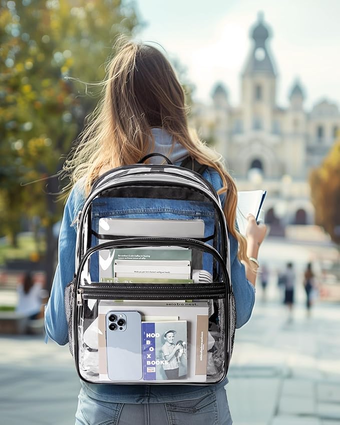 Clear Backpack, Heavy Duty Transparent Bookbag for School with Reinforced Strap for Women, Men, Capacity Bag for College Clear