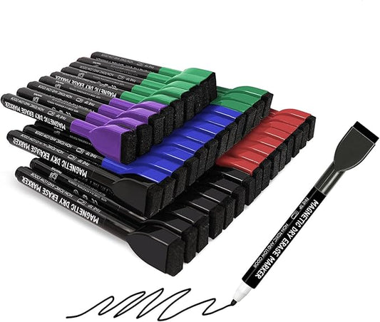 maxtek 36 Count Magnetic Dry Erase Markers Fine Tip, 5 Colors Whiteboard Markers with Eraser, Low Odor Thin Markers for Classroom Office Home